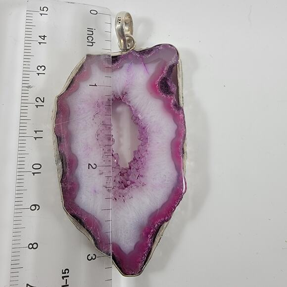 Handmade Silver Pendant – Pink Druzy Agate Slice + 20" Silver Snake Chain - Picture 10 of 10